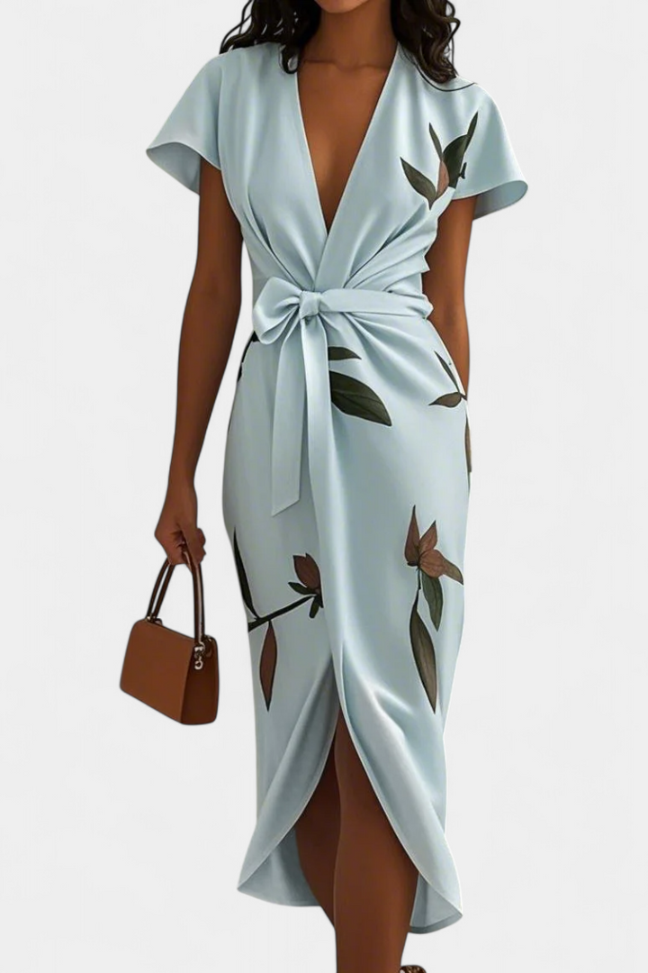 Robe Croisée Dhalia avec Imprimé de Feuilles