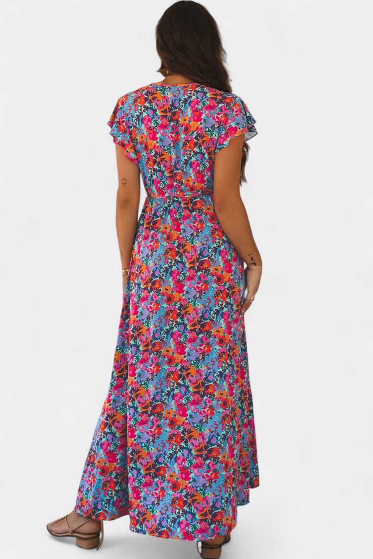 Robe Ximena Croisée Longue avec Imprimé Floral et Fente Latérale