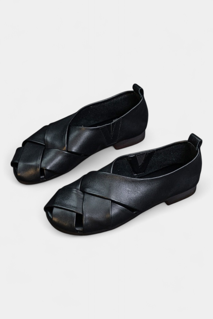 Nayra Chaussures Plates Ouvertes en Cuir Noir avec Détail Croisé