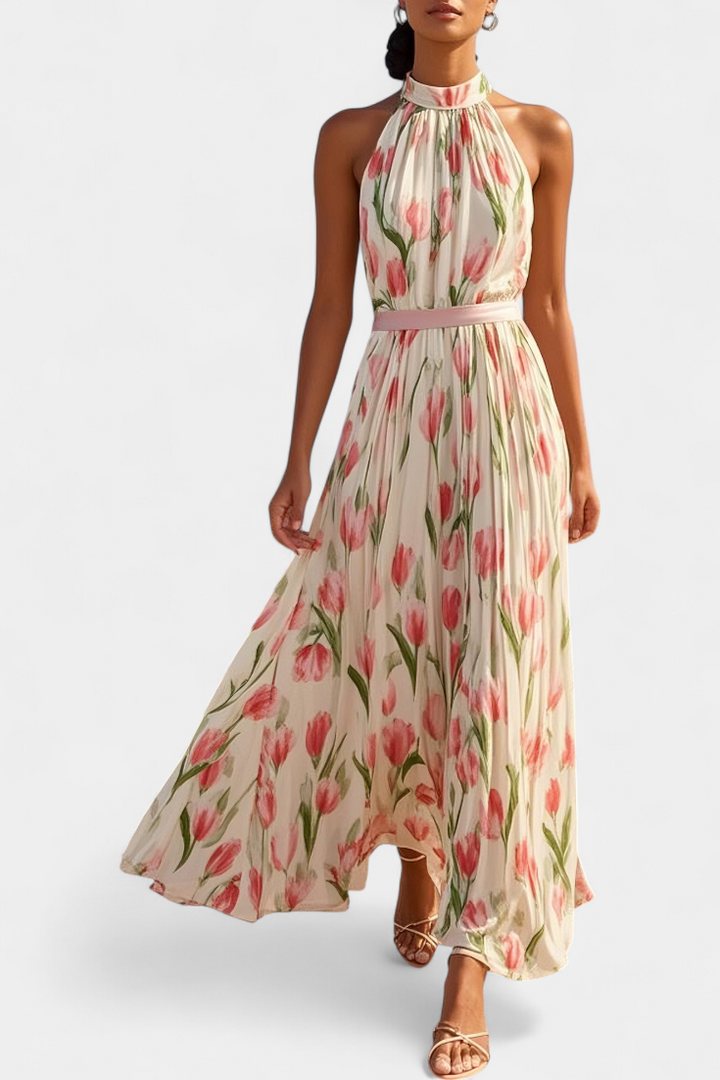 Robe Juliene Fleurie Sans Manches avec Ceinture