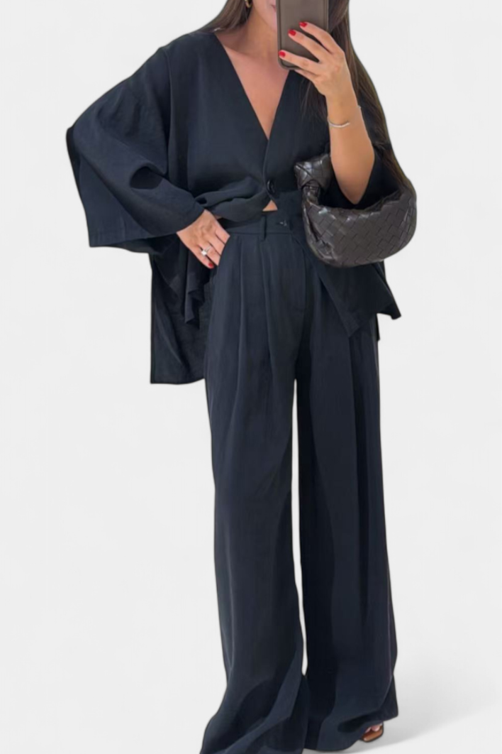 Eli Ensemble Oversize de Top à Col en V et Pantalon Droit