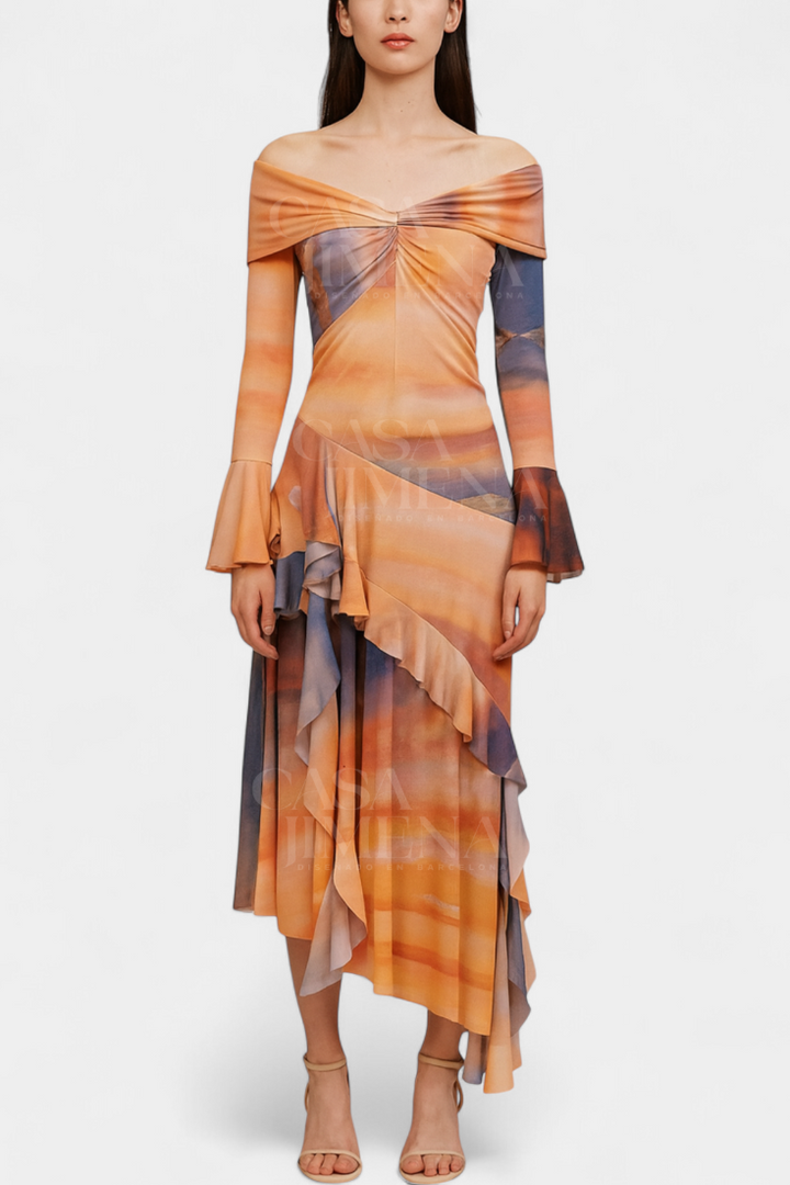 Agentha Robe Longue Asymétrique avec Imprimé Tie-Dye