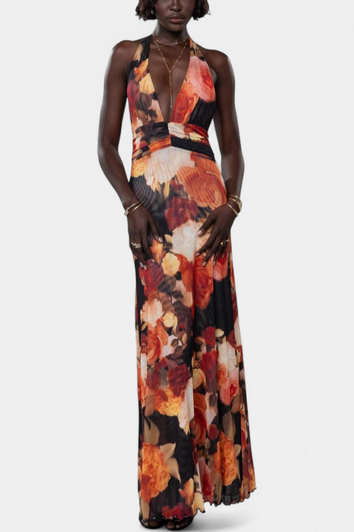 Robe Maxi à Pois Melodía avec Décolleté Halter et Taille Froncée