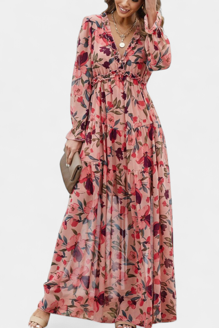 Robe Maxi Fleurie Keti avec Manches Longues et Volants Délicats