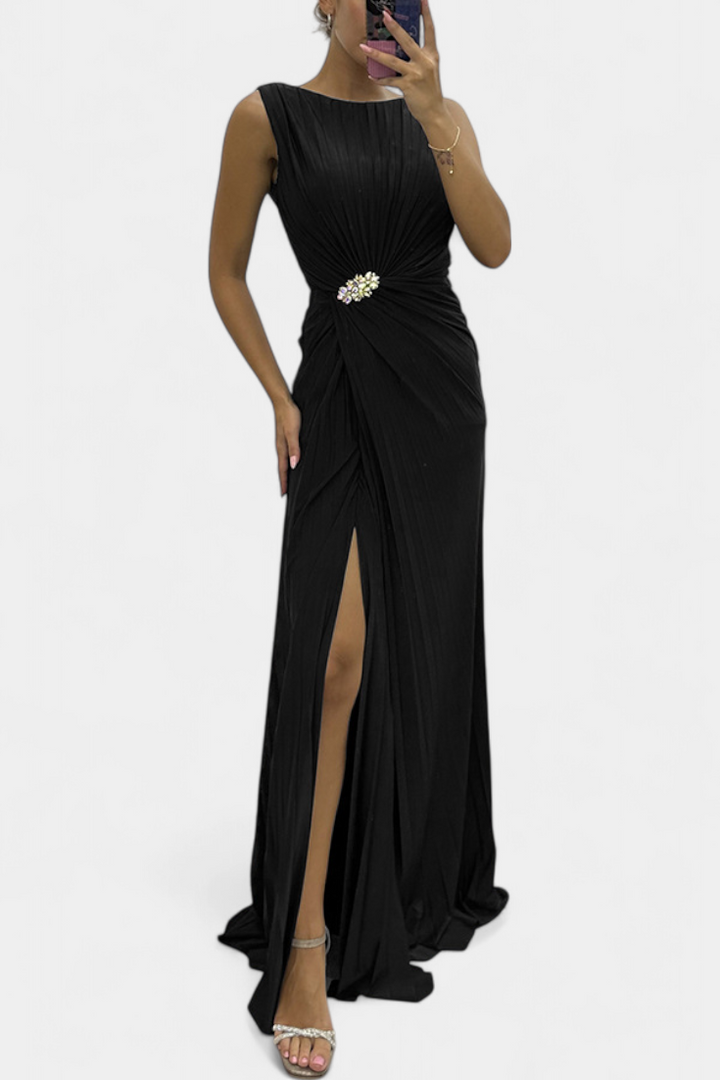 Robe Maxi Plissée Shiloh avec Fente Latérale et Décolleté Croisé