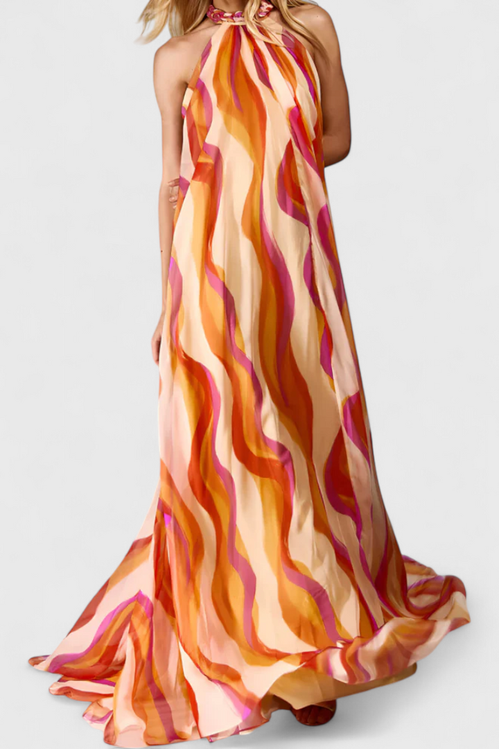 Robe Maxi Halter Remi avec Imprimé Ondulé et Tressé Élégant