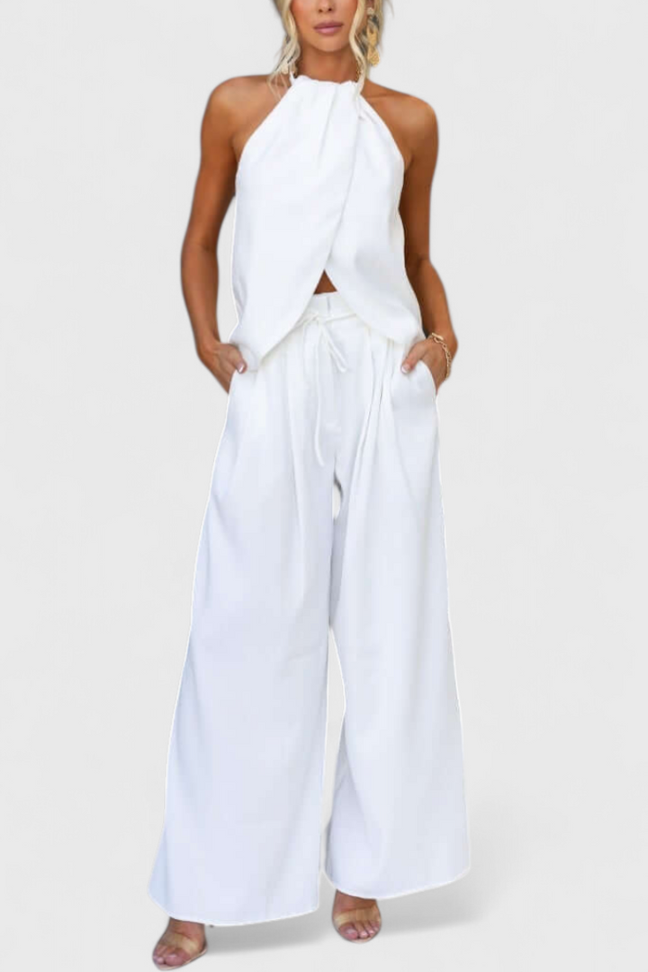 Ensemble Bernadina en Lin avec Top à Ouverture Frontale et Pantalon à Jambes Amples