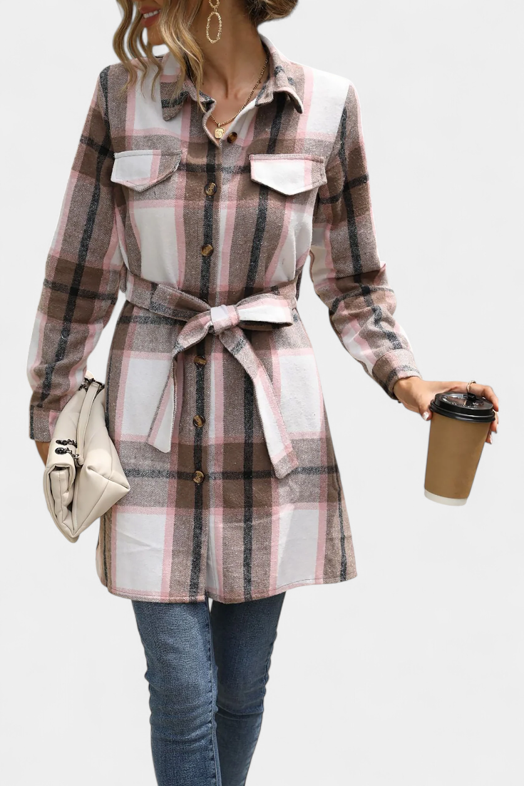Robe Chemise Mini à Carreaux avec Ceinture