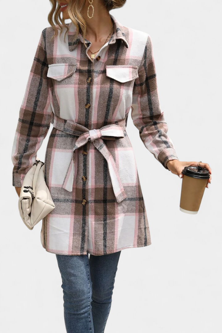 Robe Chemise Mini à Carreaux avec Ceinture