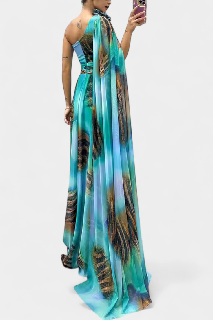 Robe Longue Cedara à Une Épaule avec Détail Floral