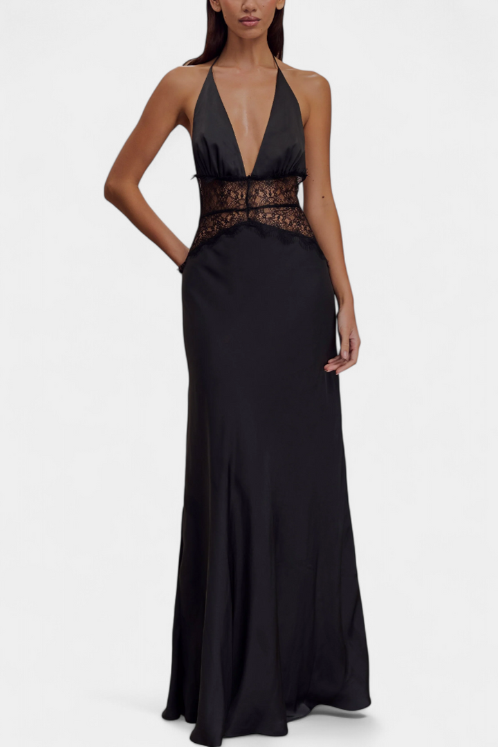 Robe Longue Ashanty avec Décolleté Halter et Taille en Dentelle Transparente