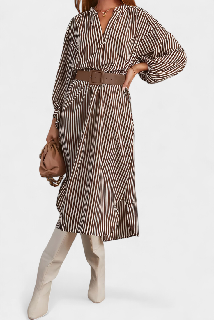 Eliana Robe Rayée avec Ceinture et Col en V