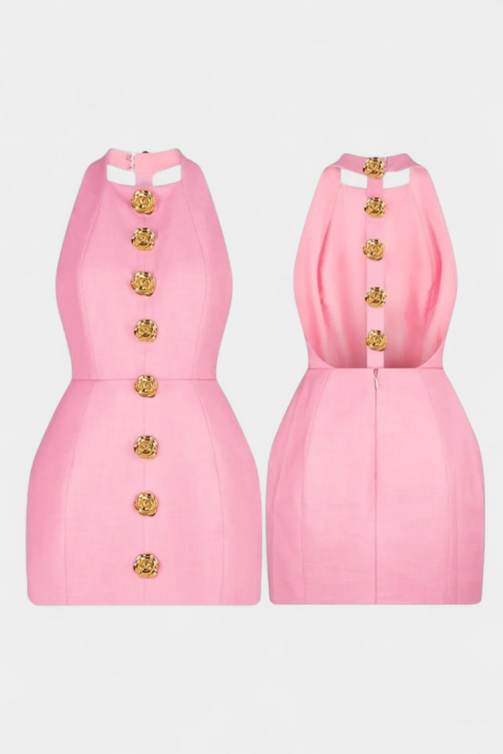 Yvonne Robe Mini Décolleté Halter avec Dos Nu et Détail Floral