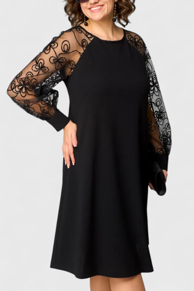 Robe en Dentelle Bellezza avec Manches Longues et Col Rond