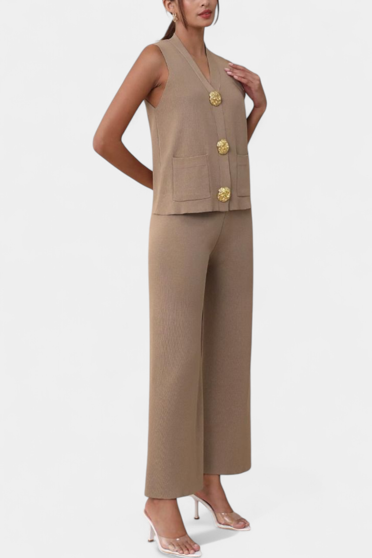 Jacey Ensemble en Maille avec Gilet et Pantalon à Jambe Large
