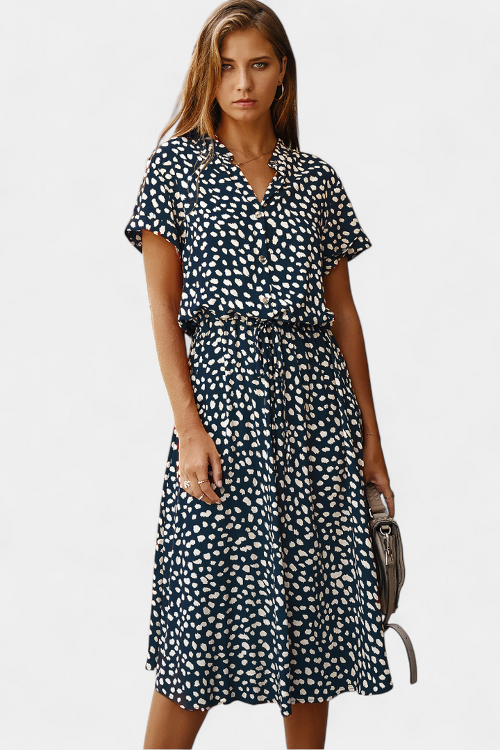 Rovena Robe Midi à Pois avec Col Chemisier et Taille Ajustable
