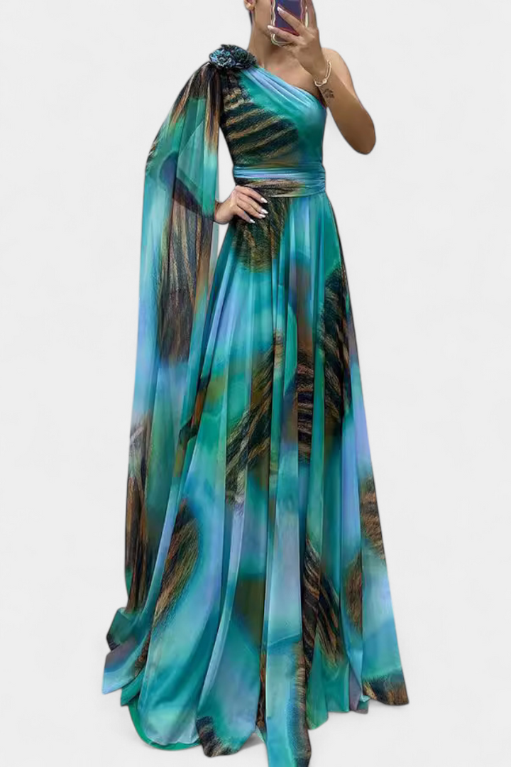 Robe Longue Cedara à Une Épaule avec Détail Floral