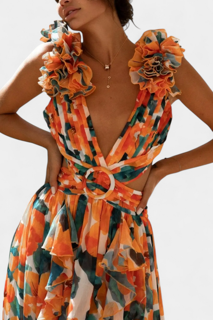 Robe Zuleika en Chiffon avec Volants et Ouvertures Latérales