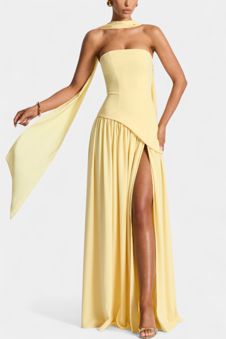 Robe Maxi Celaena en Chiffon Off Shoulder avec Fente Latérale