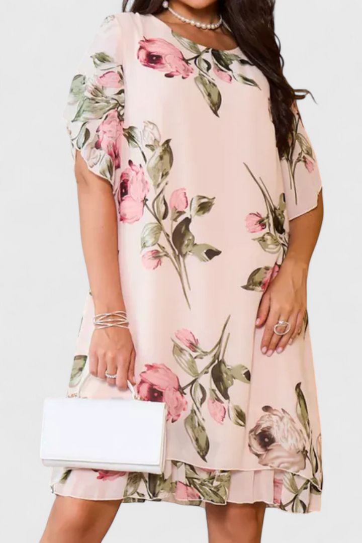 Robe Tameka en Georgette Fluide avec Pétales et Manches Transparentes