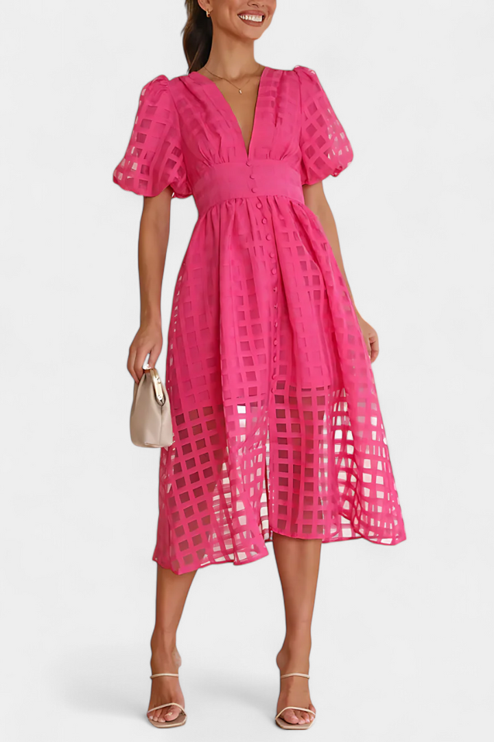 Robe Midi Marigold à Manches Bouffantes avec Motif à Carreaux