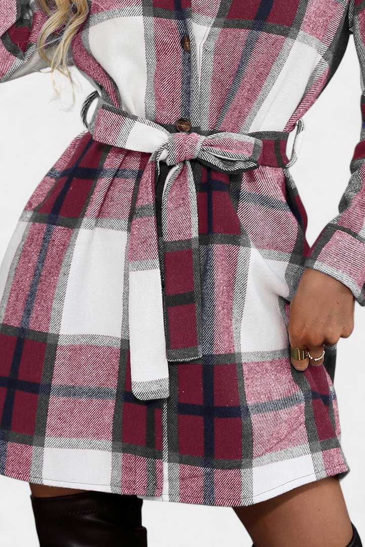 Robe Chemise Mini à Carreaux avec Ceinture
