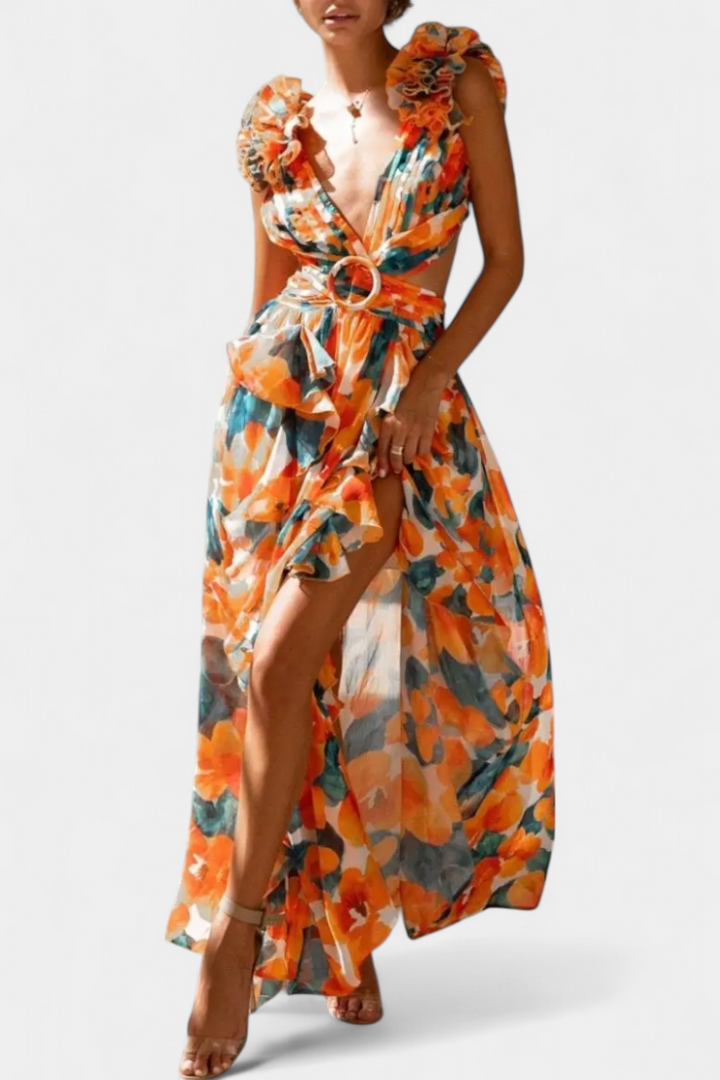 Robe Zuleika en Chiffon avec Volants et Ouvertures Latérales