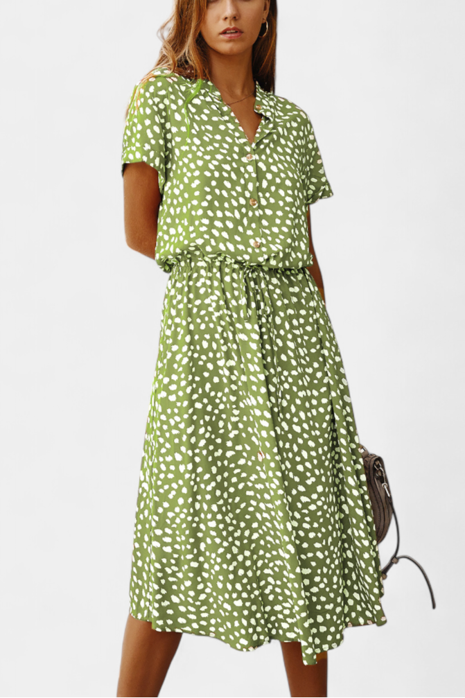 Rovena Robe Midi à Pois avec Col Chemisier et Taille Ajustable