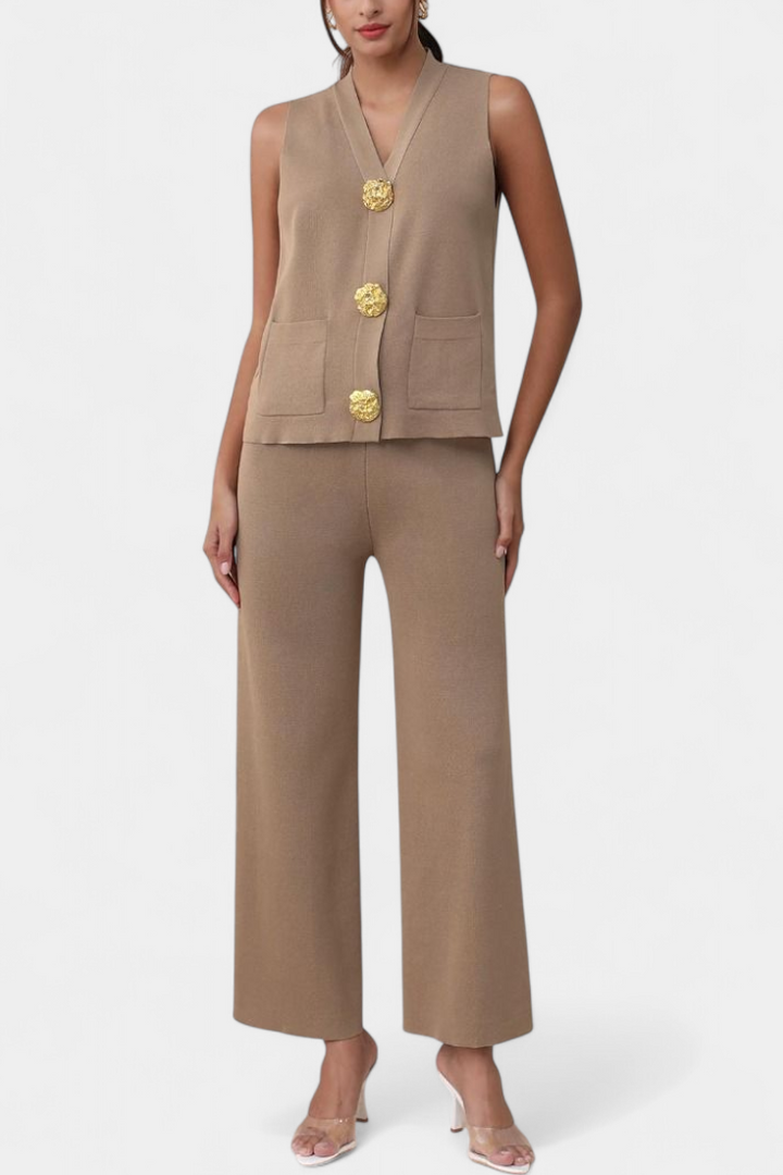Jacey Ensemble en Maille avec Gilet et Pantalon à Jambe Large