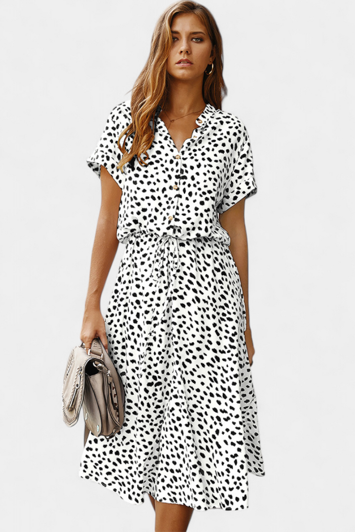 Rovena Robe Midi à Pois avec Col Chemisier et Taille Ajustable