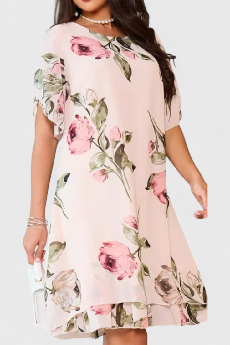 Robe Tameka en Georgette Fluide avec Pétales et Manches Transparentes
