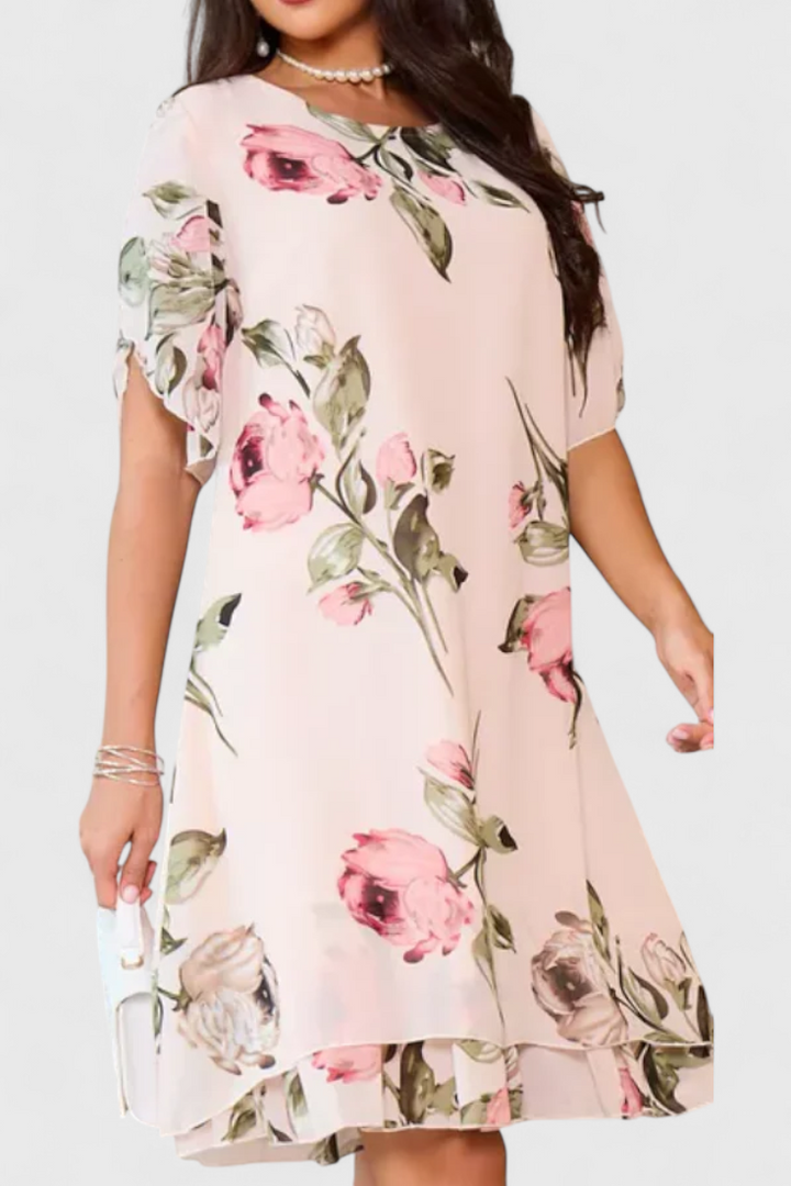 Robe Tameka en Georgette Fluide avec Pétales et Manches Transparentes