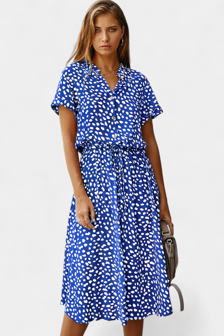 Rovena Robe Midi à Pois avec Col Chemisier et Taille Ajustable