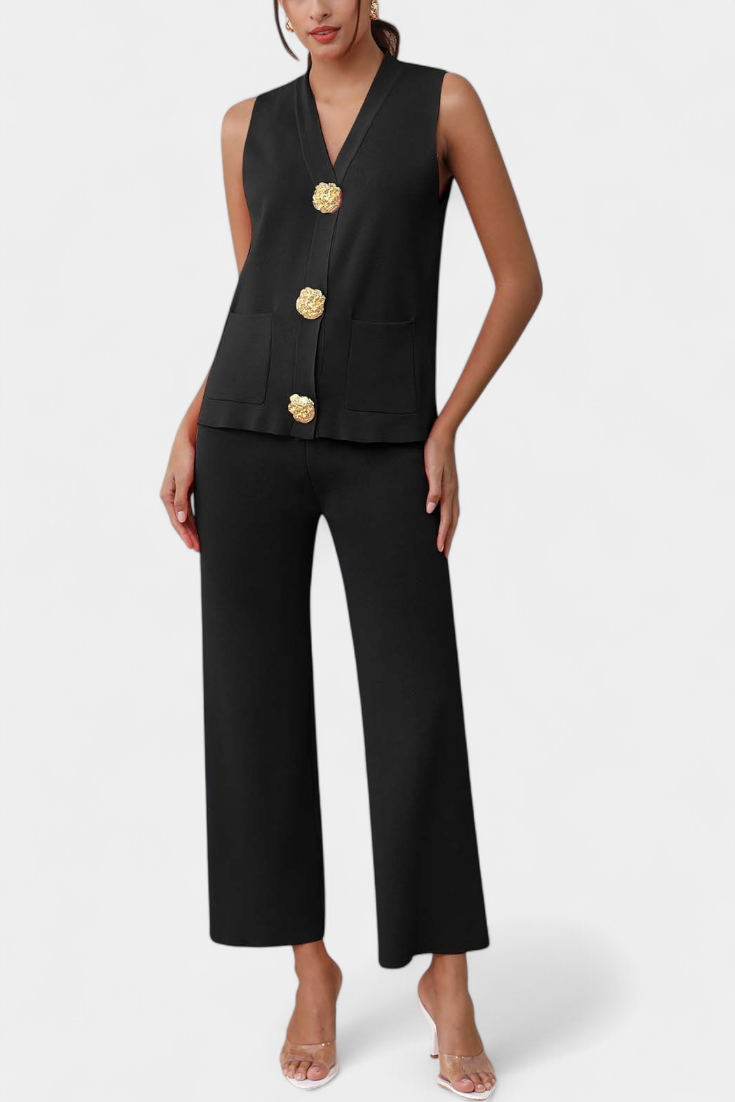 Jacey Ensemble en Maille avec Gilet et Pantalon à Jambe Large