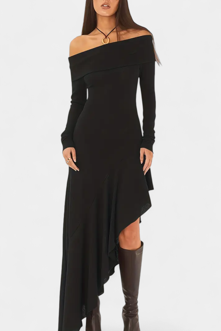 Robe Longue Asymétrique Recife à Épaule Unique avec Manches Longues