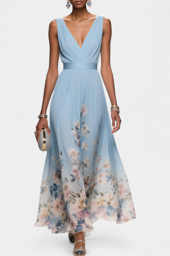 Robe Maxi Fleurie Sauline Sans Manches avec Décolleté en V