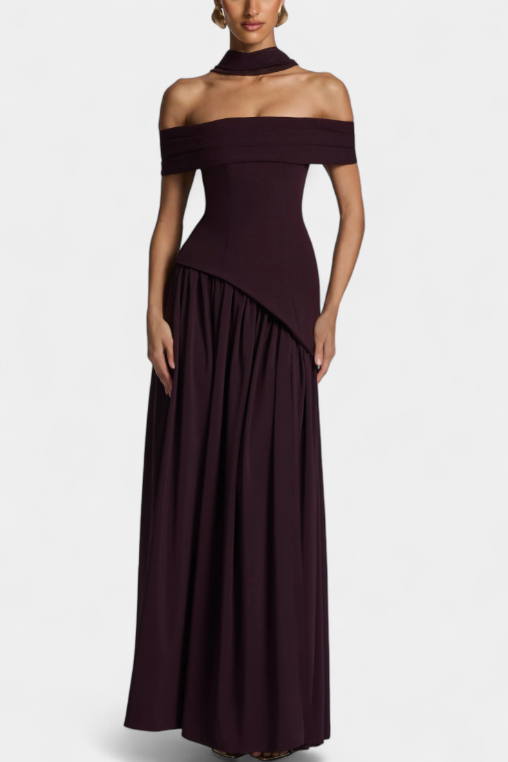 Robe Maxi Celaena en Chiffon Off Shoulder avec Fente Latérale