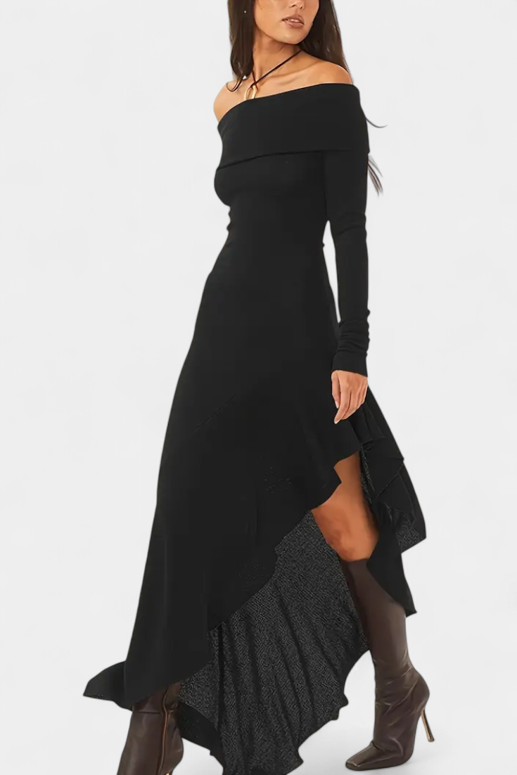 Robe Longue Asymétrique Recife à Épaule Unique avec Manches Longues