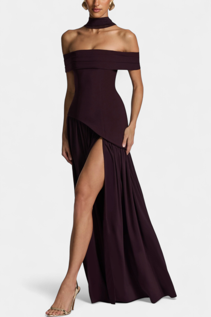 Robe Maxi Celaena en Chiffon Off Shoulder avec Fente Latérale