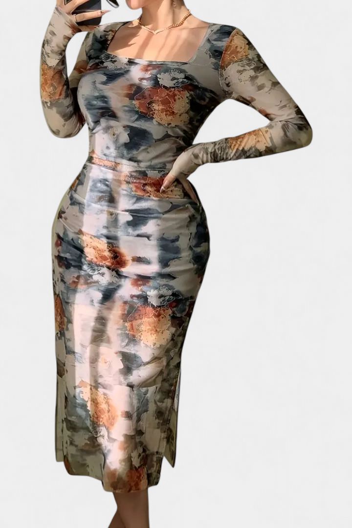 Jaenia Robe Ajustée avec Imprimé Floral et Col Carré