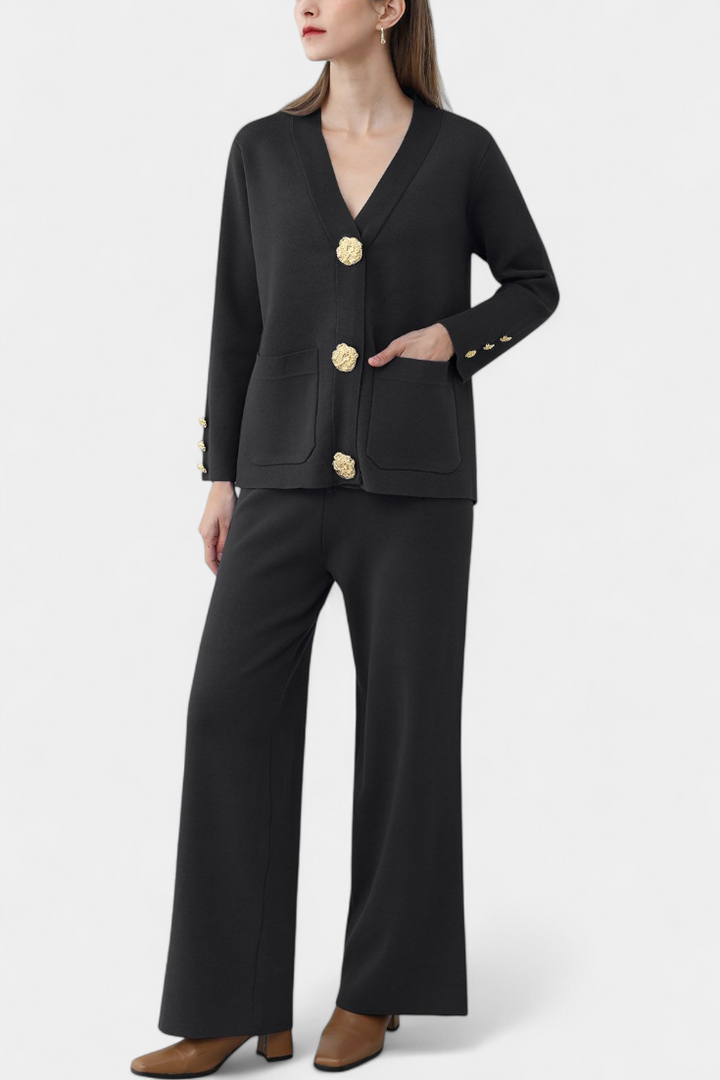 Aireen Ensemble en Tricot avec Cardigan et Pantalon à Jambes Larges