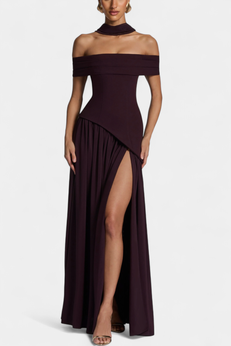 Robe Maxi Celaena en Chiffon Off Shoulder avec Fente Latérale