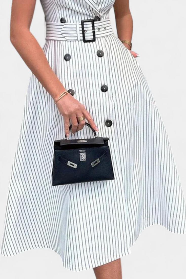 Robe Chemise Midi à Rayures avec Ceinture Nouée