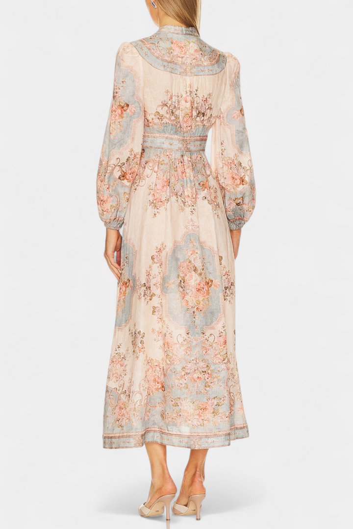 Dorotila Robe Maxi Évasée avec Imprimé Floral, Boutons et Manches Bouffantes