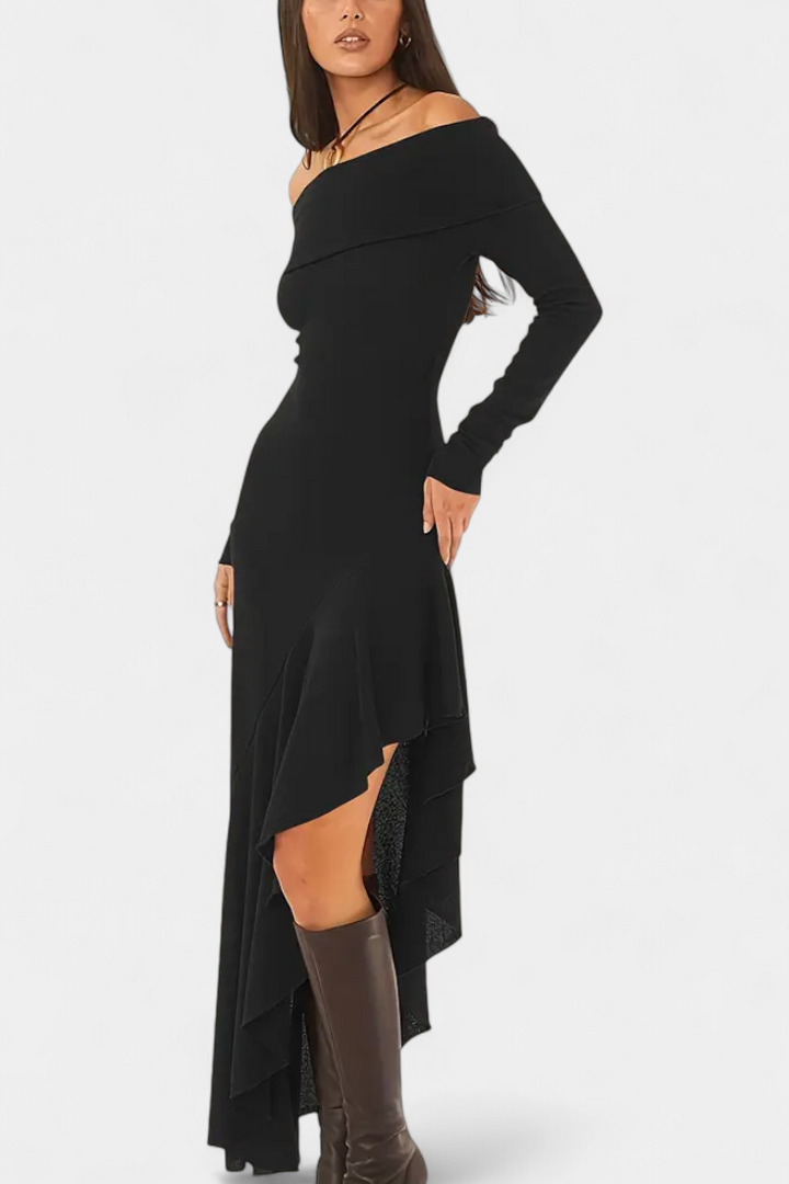 Robe Longue Asymétrique Recife à Épaule Unique avec Manches Longues