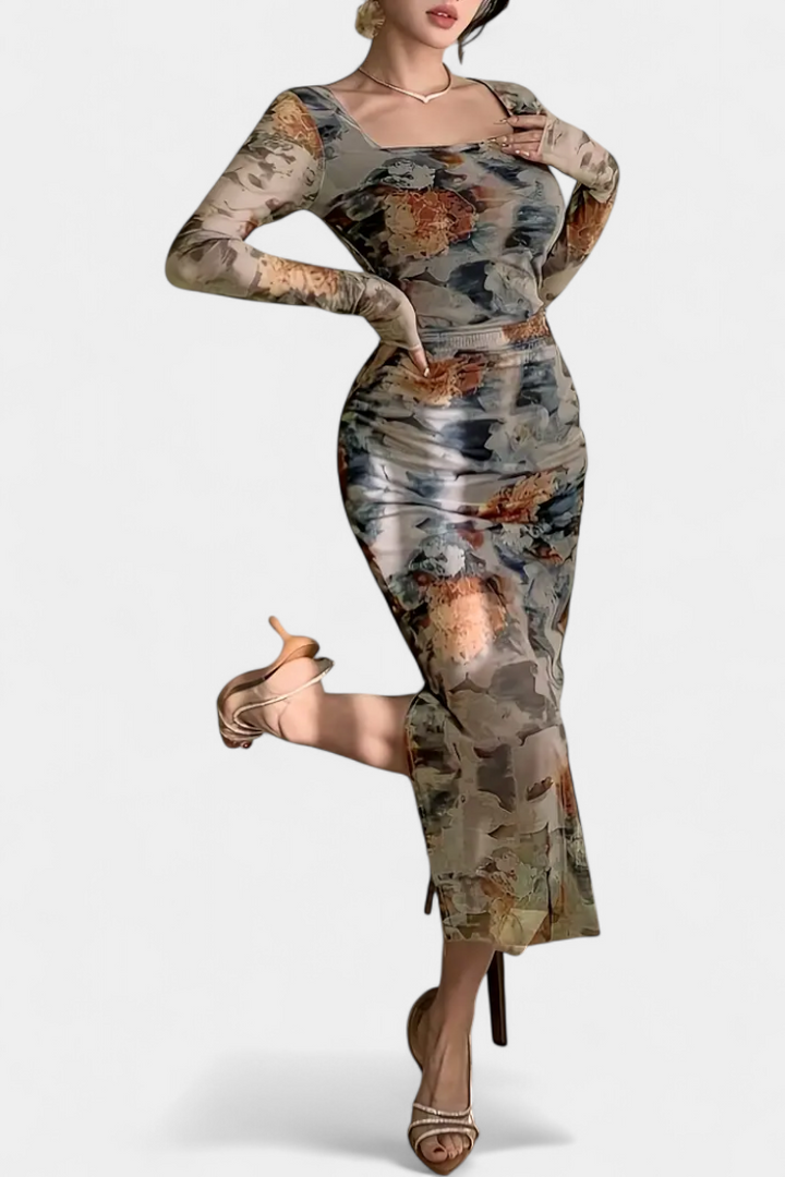 Jaenia Robe Ajustée avec Imprimé Floral et Col Carré