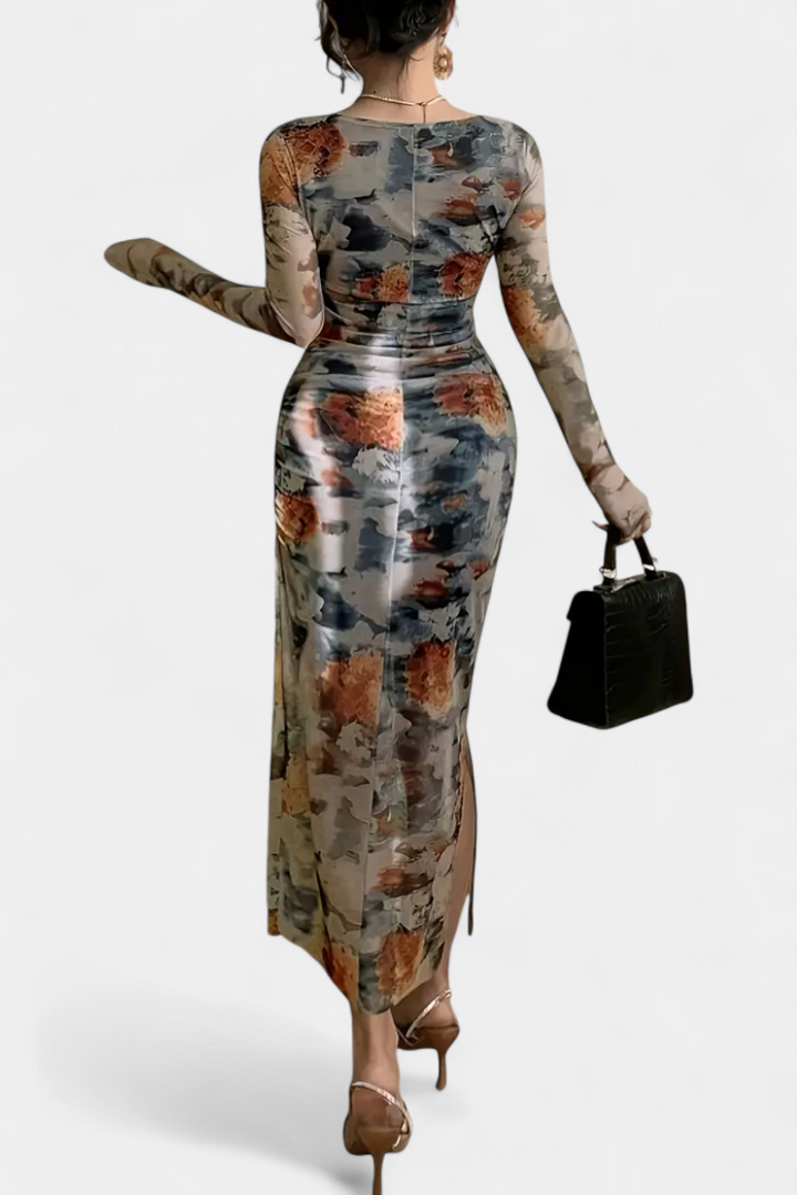 Jaenia Robe Ajustée avec Imprimé Floral et Col Carré