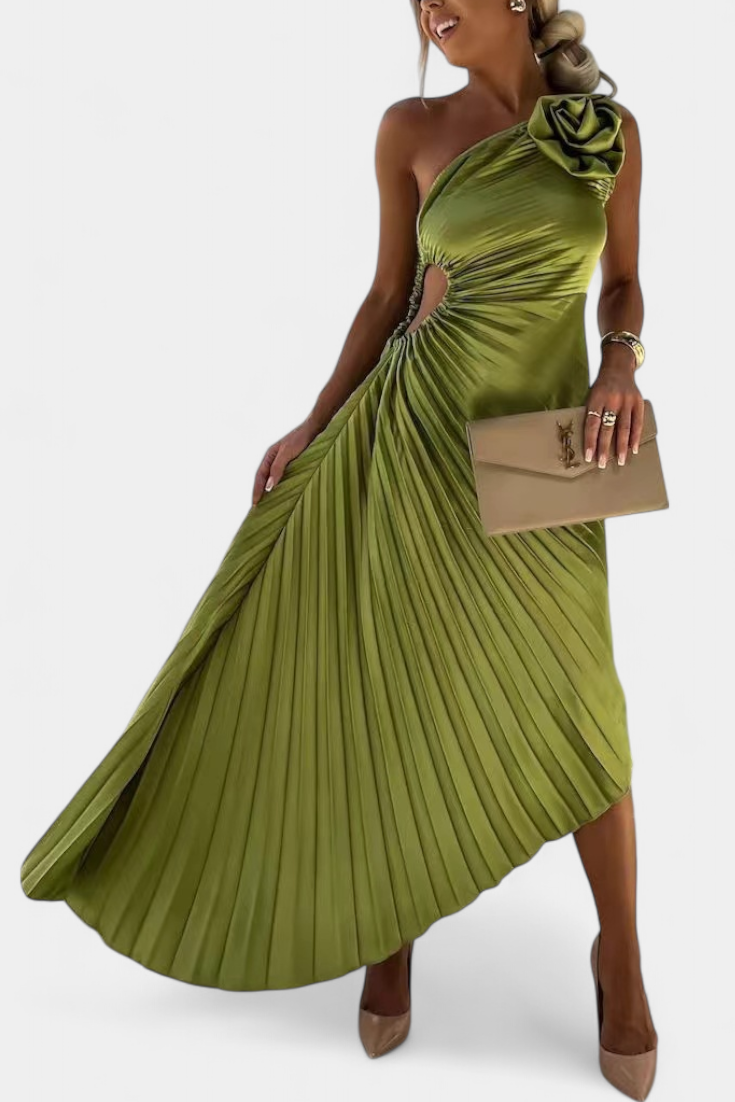 Robe de Cocktail Asymétrique Leire avec Application Florale et Jupe Plissée
