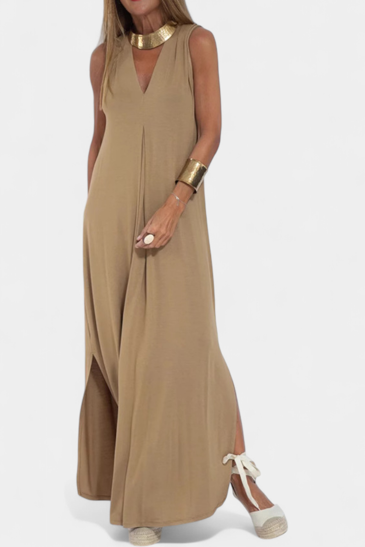 Robe Maxi Sans Manches Felisa en Couleur Unie et Silhouette Élégante