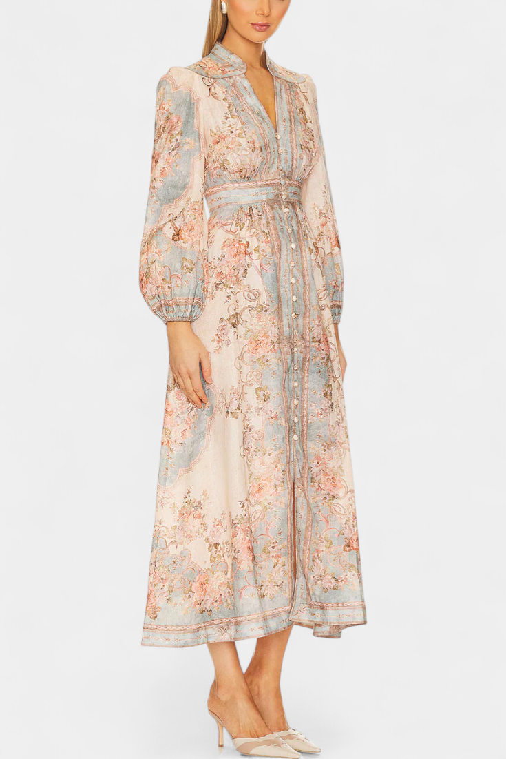 Dorotila Robe Maxi Évasée avec Imprimé Floral, Boutons et Manches Bouffantes